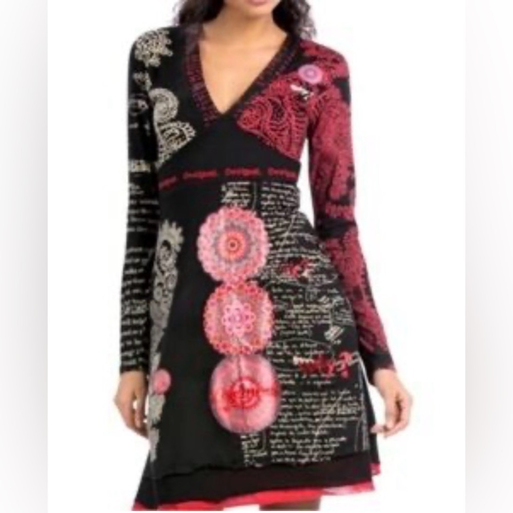 Desigual Black and Red Artistic Long Sleeve Dress Fit & Flare Midi V-Neck Med - Picture 7 of 17